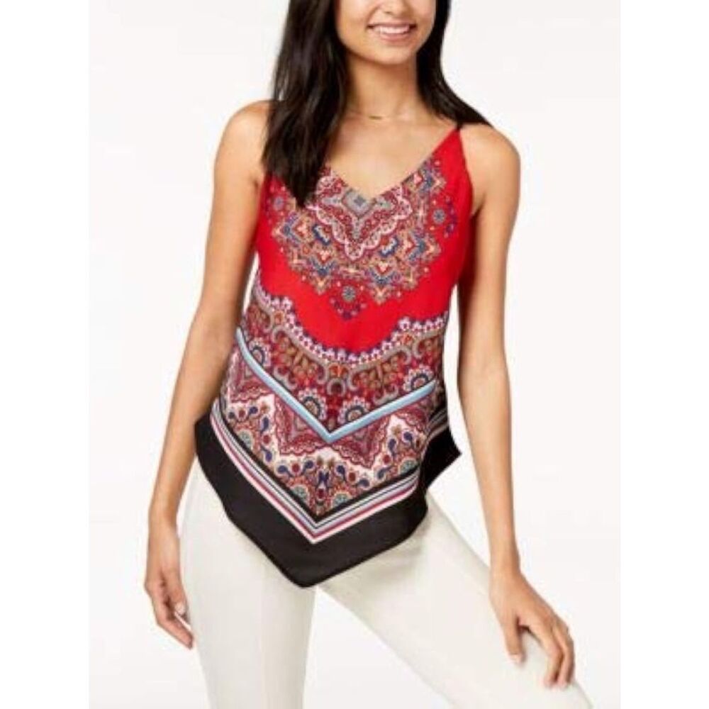 BCX Red Paisley V-Neck Handkerchief Hem Camisole Top
